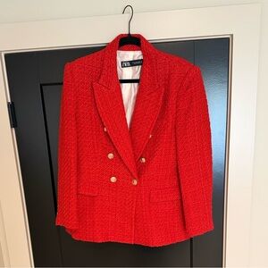 Zara Red Double-Breasted Bouclé Blazer